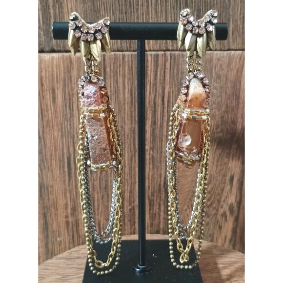Deepa Gurnani AB Crystal Pink Rhinestone Gold Silver Tone Chain Earrings - Picture 1 of 6